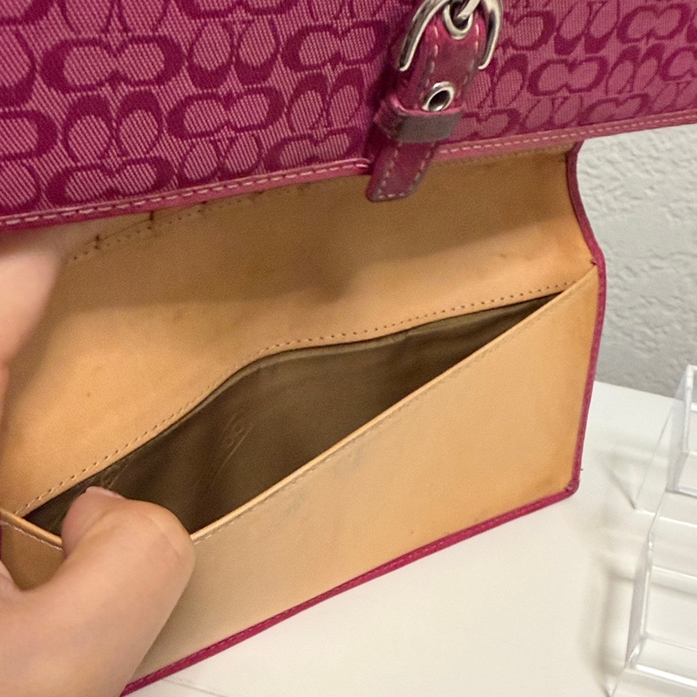Coach Signature Canvas Leather Fuchsia Trifold Wallet with Checkbook - Picture 12 of 13